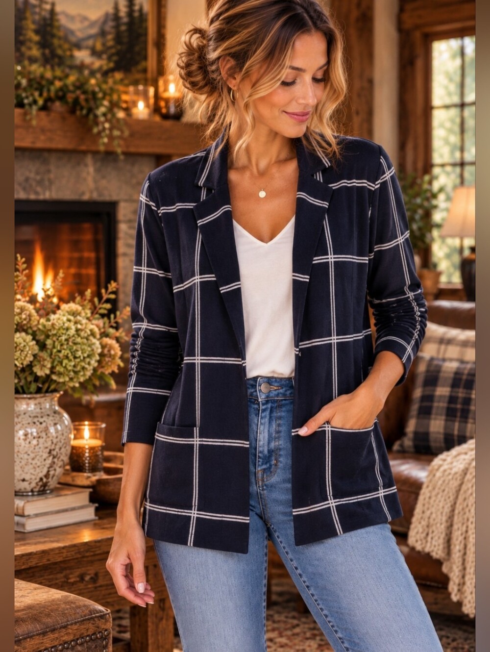 LOFT Navy Windowpane Open Front Knit Blazer Cardigan XL Quiet Luxury Chic